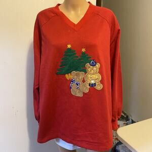 Vintage 90s Ugly Christmas Tree Bears Sweater Holiday Women 1X Fleece VNeck Red